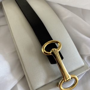 Cinto preto com fivela dourada.