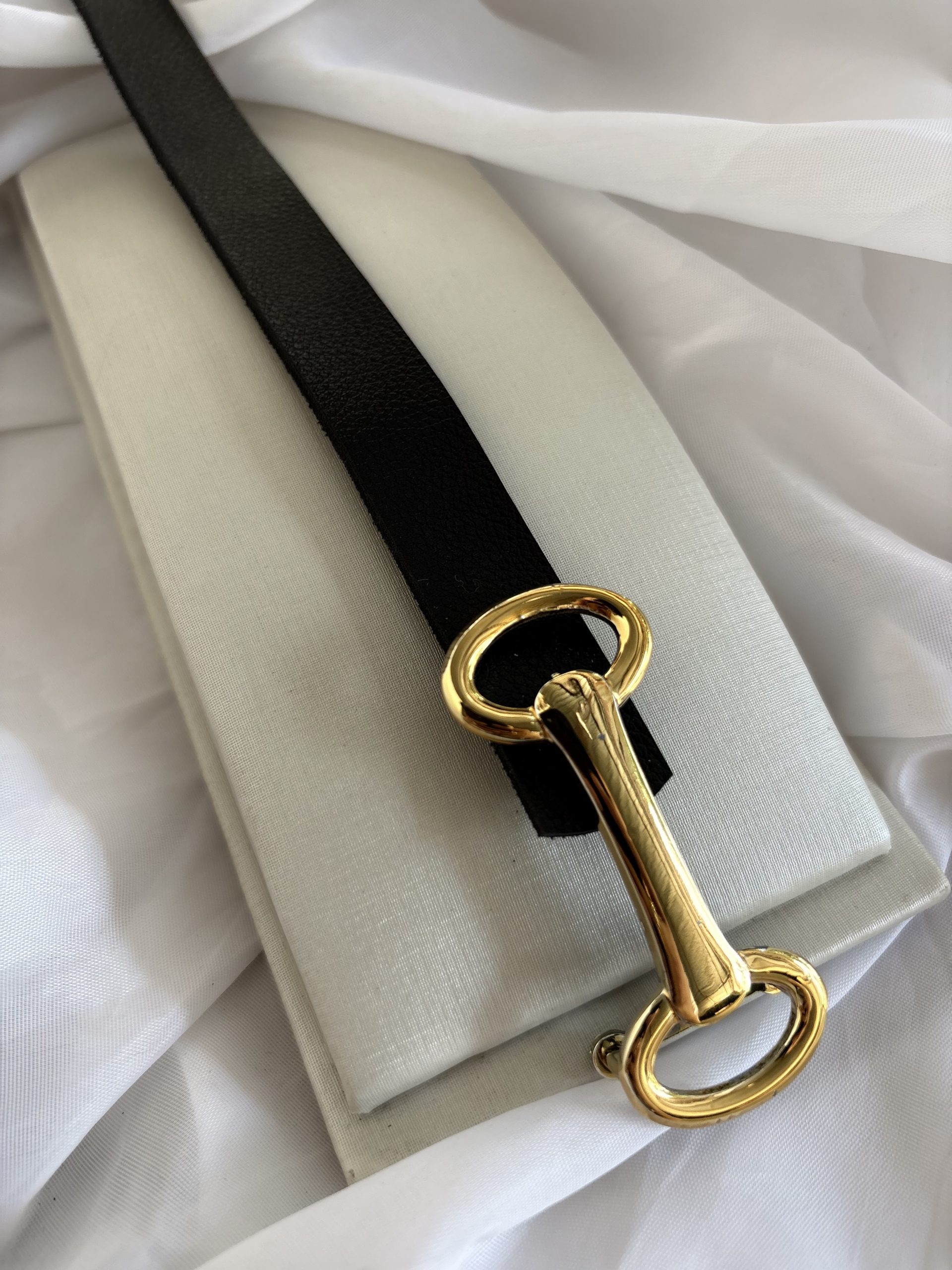 Cinto preto com fivela dourada.